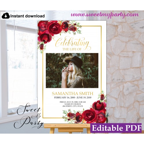 Red Roses Funeral Welcome Sign, Funeral Welcome Poster, (16)